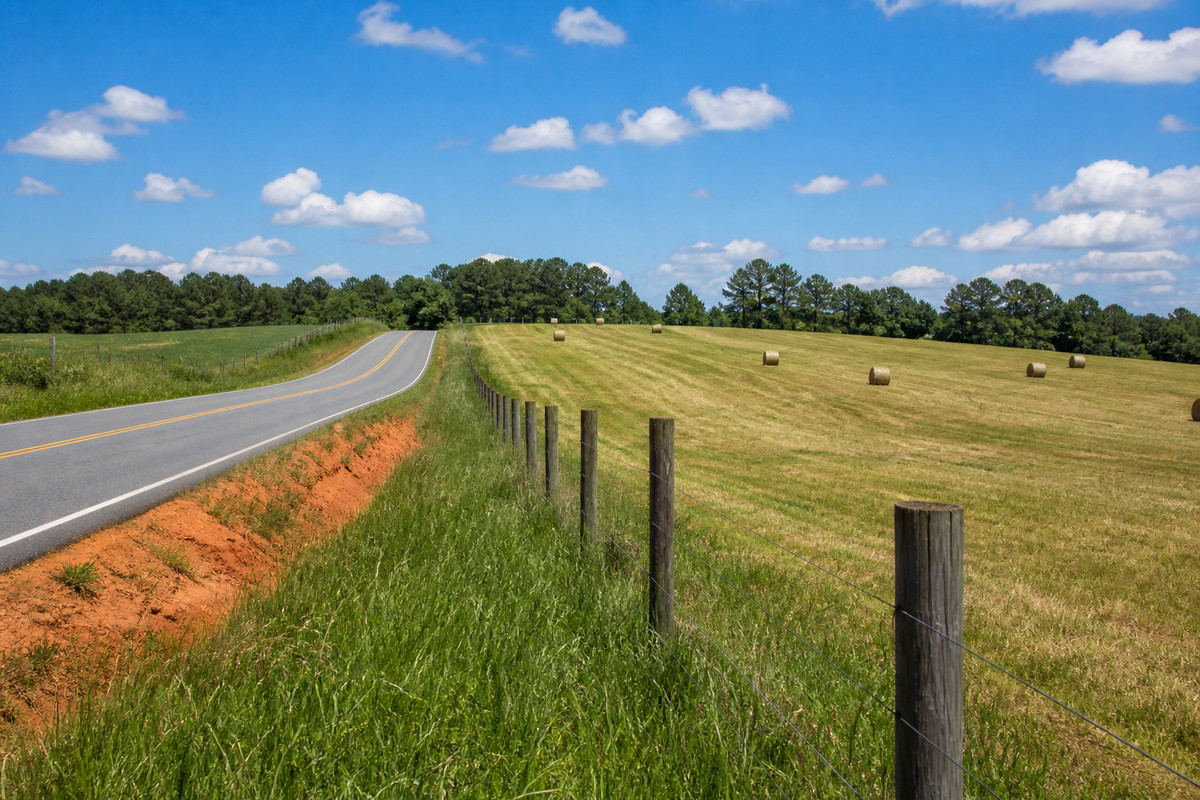 Two lane road through rolling South Carolina piedmont farmland with a hay field and a tree line at the horizon